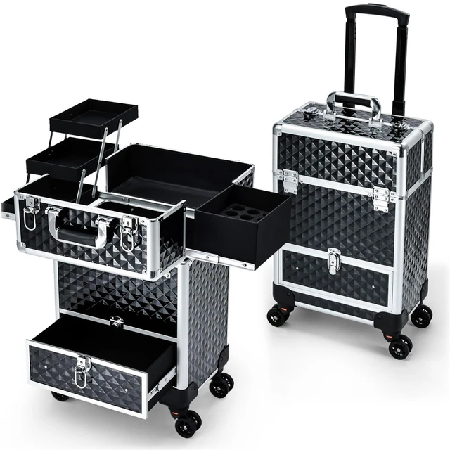 Main image of Rolling Makeup Case Cosmetic Travel Trolley Storage Sliding Drawer 4 Tray Makeup Travel Case with Wheels Salon Barber Case Traveling Cart Trunk for Cosmetologist Nail Tech Hairstylist Black