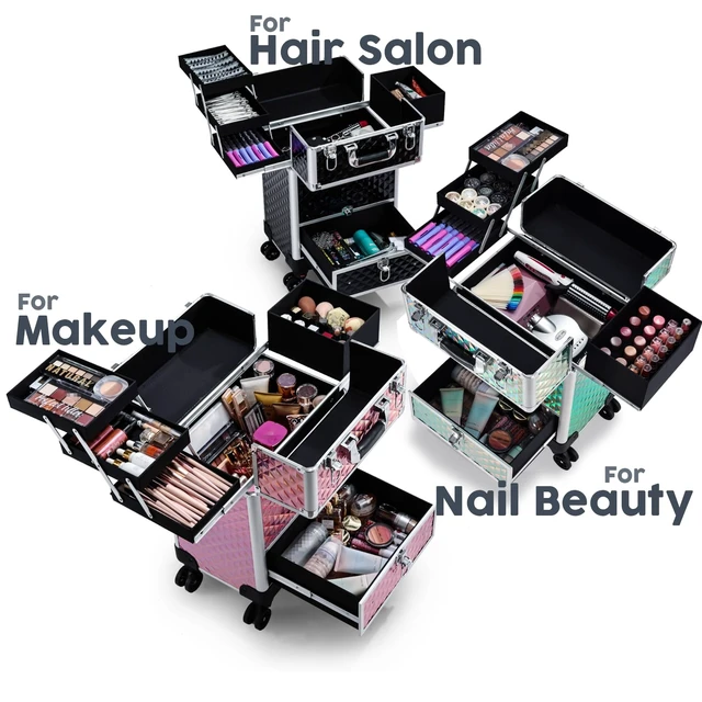 Alt view image 2 of 6 - Rolling Makeup Case Cosmetic Travel Trolley Storage Sliding Drawer 4 Tray Makeup Travel Case with Wheels Salon Barber Case Traveling Cart Trunk for Cosmetologist Nail Tech Hairstylist Black