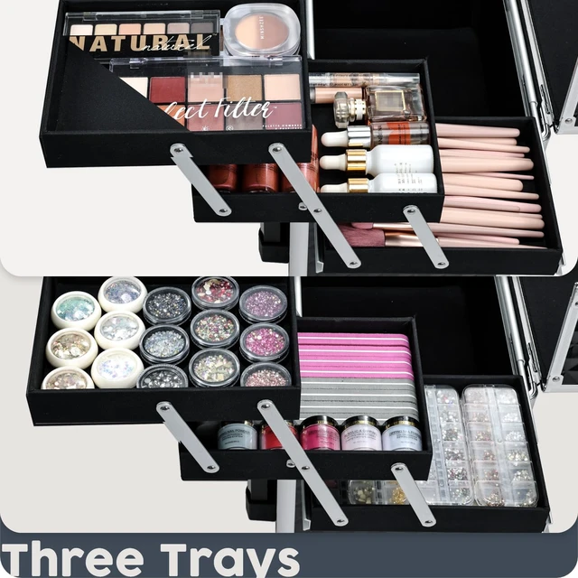 Alt view image 3 of 6 - Rolling Makeup Case Cosmetic Travel Trolley Storage Sliding Drawer 4 Tray Makeup Travel Case with Wheels Salon Barber Case Traveling Cart Trunk for Cosmetologist Nail Tech Hairstylist Black