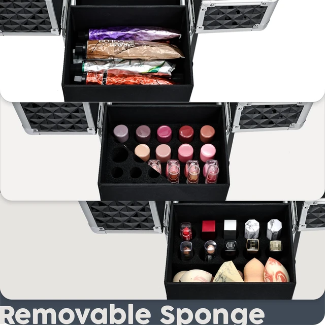 Alt view image 4 of 6 - Rolling Makeup Case Cosmetic Travel Trolley Storage Sliding Drawer 4 Tray Makeup Travel Case with Wheels Salon Barber Case Traveling Cart Trunk for Cosmetologist Nail Tech Hairstylist Black