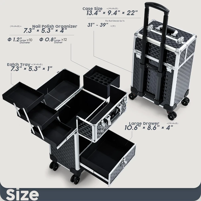 Alt view image 6 of 6 - Rolling Makeup Case Cosmetic Travel Trolley Storage Sliding Drawer 4 Tray Makeup Travel Case with Wheels Salon Barber Case Traveling Cart Trunk for Cosmetologist Nail Tech Hairstylist Black