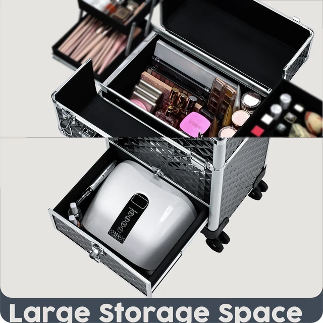 Alt view image 5 of 6 - Rolling Makeup Case Cosmetic Travel Trolley Storage Sliding Drawer 4 Tray Makeup Travel Case with Wheels Salon Barber Case Traveling Cart Trunk for Cosmetologist Nail Tech Hairstylist Black