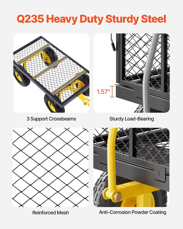 Alt view image 4 of 7 - 500lbs Steel Garden Cart Heavy Duty Metal Utility Garden Wagon | 10" All Terrain Tires, Metal Mesh Removable Sides, 180° Rotating Handle For Yard Patio Garden Outdoor Use