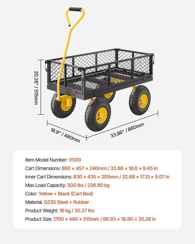 Alt view image 7 of 7 - 500lbs Steel Garden Cart Heavy Duty Metal Utility Garden Wagon | 10" All Terrain Tires, Metal Mesh Removable Sides, 180° Rotating Handle For Yard Patio Garden Outdoor Use