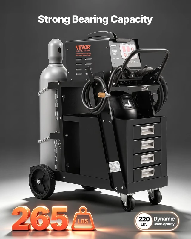 Alt view image 2 of 7 - Welding Cart, 2-Tier 4 Drawers Welder Cart 265 LBS Weight Capacity | with 360° Swivel Wheels, Tank Storage Safety Chains, Heavy Duty Rolling MIG Welder Cart for Mig Welder and Plasma Cutter