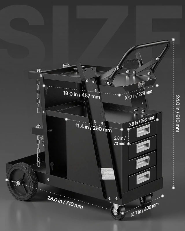 Alt view image 3 of 7 - Welding Cart, 2-Tier 4 Drawers Welder Cart 265 LBS Weight Capacity | with 360° Swivel Wheels, Tank Storage Safety Chains, Heavy Duty Rolling MIG Welder Cart for Mig Welder and Plasma Cutter