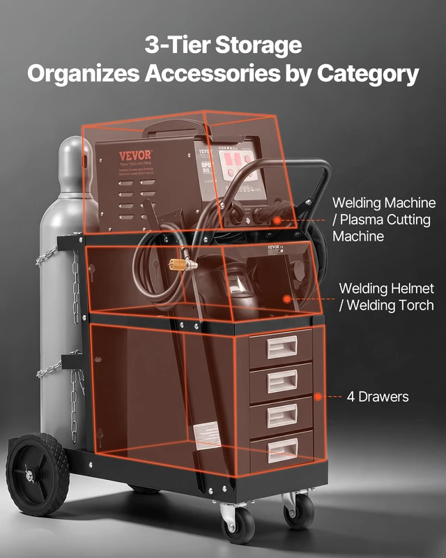 Alt view image 4 of 7 - Welding Cart, 2-Tier 4 Drawers Welder Cart 265 LBS Weight Capacity | with 360° Swivel Wheels, Tank Storage Safety Chains, Heavy Duty Rolling MIG Welder Cart for Mig Welder and Plasma Cutter