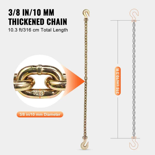 Alt view image 3 of 7 - G80 Transport Binder Chain, 3/8" x 10.3' 2-Pack Tow Chain with Clevis Grab Hooks, 7100 lbs Safe Working Load, Heavy Duty Logging Chain for Transporting Towing Truck Tie Down Binding Equipment