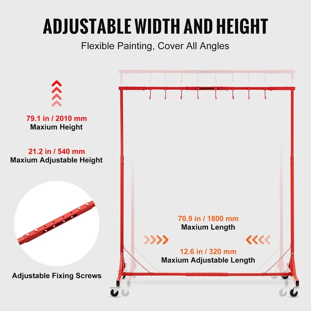 Alt view image 2 of 7 - Painting Rack, 5 ft-7 ft Adjustable Height, 66 lbs Capacity Automotive Paint Stand, 8 Hooks Drying Rack With 4 Swiveling Wheels, Auto Body Stand for Repair Shops & Garage