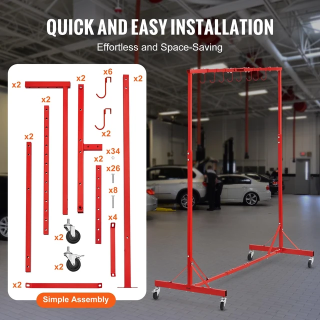 Alt view image 5 of 7 - Painting Rack, 5 ft-7 ft Adjustable Height, 66 lbs Capacity Automotive Paint Stand, 8 Hooks Drying Rack With 4 Swiveling Wheels, Auto Body Stand for Repair Shops & Garage