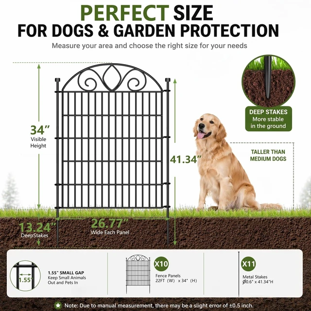 Alt view image 2 of 7 - No Dig Garden Fence Outdoor for Yard, 10 Panels | 34in(H) x22ft(L) Rustproof Metal Animal Barrier, Temporary Dog Fence, Decorative Fencing for Flower Bed, Patio, and Pet