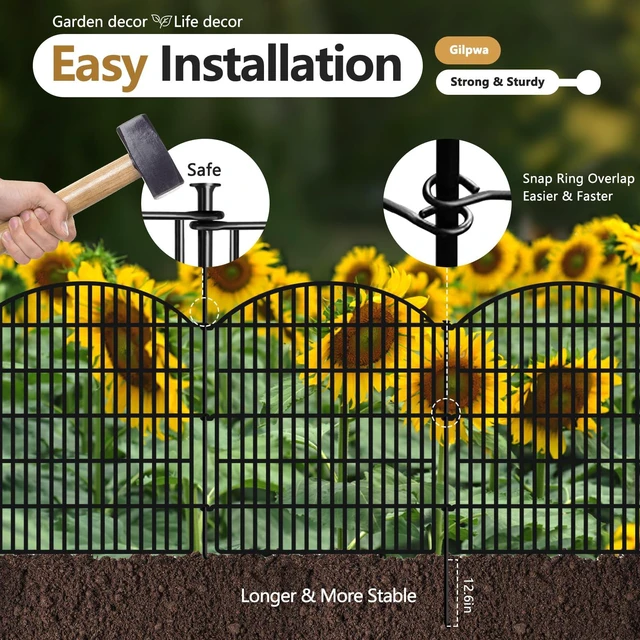 Alt view image 3 of 7 - 10 Panels Garden Fence Animal Barrier, 33 in(H) X 24 ft(L) Dog Fence Outdoor for Yard Rustproof No Dig Fencing Decorative Metal Wire Panel Border for Rabbits, Flower Bed Patio Temporary Ground Stakes