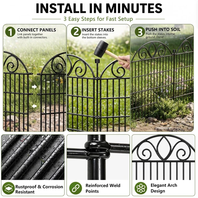 Alt view image 7 of 7 - No Dig Garden Fence Outdoor for Yard, 10 Panels | 34in(H) x22ft(L) Rustproof Metal Animal Barrier, Temporary Dog Fence, Decorative Fencing for Flower Bed, Patio, and Pet