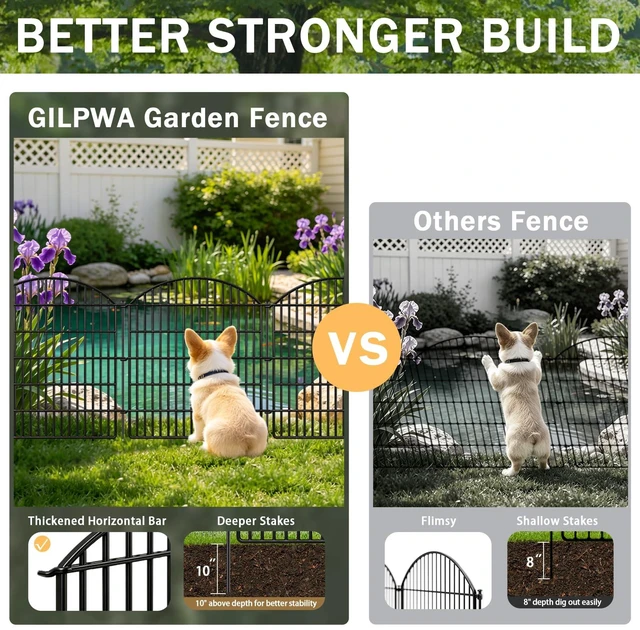 Alt view image 4 of 7 - 10 Panels Garden Fence Animal Barrier with Lock, 33in (H) x 24ft (L) Dog Fences Outdoor for Yard No Dig Rustproof Decorative Tall Metal Panel Border Rabbits Temporary Ground Stakes Fencing