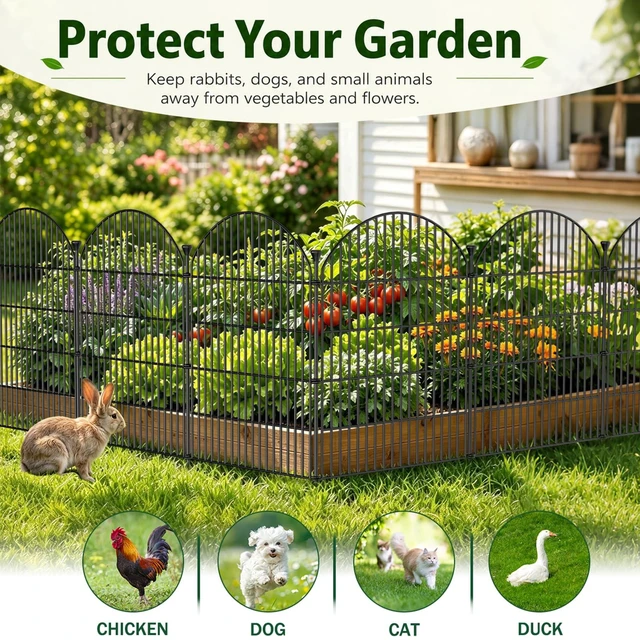 Alt view image 2 of 7 - No Dig Garden Fence Panels, Dog Fence Outdoor for Yard, 12 Pack with Gate | 32in(H) x 29ft(L) Rustproof Metal Animal Barrier for Rabbits & Flowers, Decorative Temporary Fencing for Patio, RV