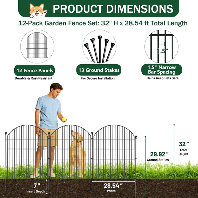 Alt view image 4 of 7 - No Dig Garden Fence Panels, Dog Fence Outdoor for Yard, 12 Pack with Gate | 32in(H) x 29ft(L) Rustproof Metal Animal Barrier for Rabbits & Flowers, Decorative Temporary Fencing for Patio, RV
