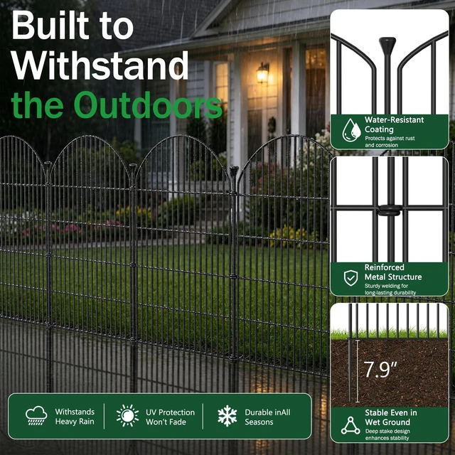 Alt view image 6 of 7 - No Dig Garden Fence Panels, Dog Fence Outdoor for Yard, 12 Pack with Gate | 32in(H) x 29ft(L) Rustproof Metal Animal Barrier for Rabbits & Flowers, Decorative Temporary Fencing for Patio, RV