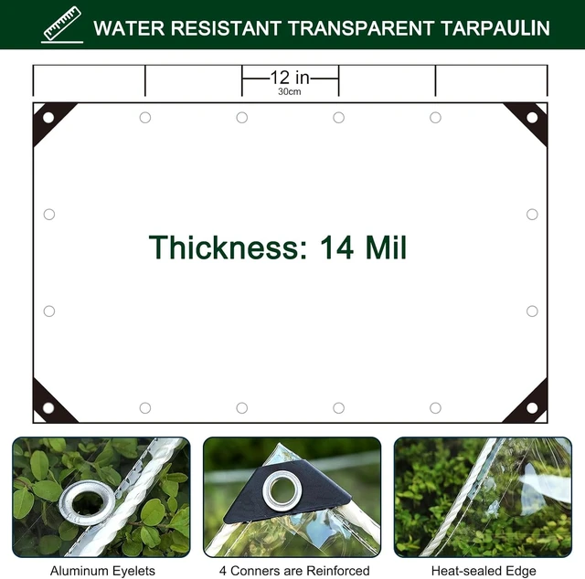 Alt view image 3 of 7 - Clear Tarp with Grommets,8x16ft Transparent Heavy Duty Water Resistant Tarp Cover with Reinforced Edge,14Mil Thickened Tear Resistant PVC Vinyl Tarpaulin Enclosure for Patio,Porch and Outdoor