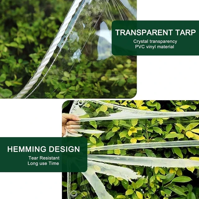 Alt view image 4 of 7 - Clear Tarp with Grommets,8x16ft Transparent Heavy Duty Water Resistant Tarp Cover with Reinforced Edge,14Mil Thickened Tear Resistant PVC Vinyl Tarpaulin Enclosure for Patio,Porch and Outdoor