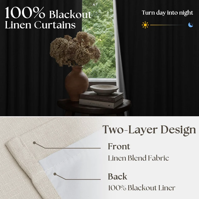 Alt view image 3 of 7 - 60 Inch Wide Pinch Pleated 100% Blackout Curtains 102 Inches Long, Natural | Memory Trained, Thick Linen with 2 Layer, Thermal Insulated Noise Reducing Light Blocking, for Living Room Bedroom 1 Panel