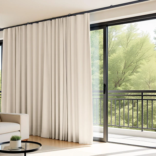 Alt view image 2 of 7 - Room Divider Curtains Flexible Ceiling Tracks Set Curtain Track Ceiling Mount Blackout Curtain for Living Room Bedroom Ceiling Curtain Rod Privacy Dividers Panels W150 x H96 Beige Drape & Black Rail