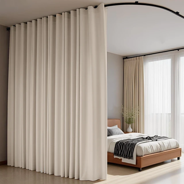 Alt view image 6 of 7 - Room Divider Curtains Flexible Ceiling Tracks Set Curtain Track Ceiling Mount Blackout Curtain for Living Room Bedroom Ceiling Curtain Rod Privacy Dividers Panels W150 x H96 Beige Drape & Black Rail