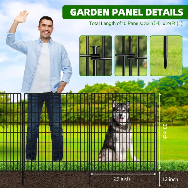 Alt view image 2 of 6 - 10 Panels Garden Fencing Animal Barrier, 33 in(H) X 24 ft(L) Dog Fence Outdoor for Yard Rustproof No Dig Decorative Tall Garden Fence Metal Wire Panel Border Patio Rabbit Temporary Ground Stakes