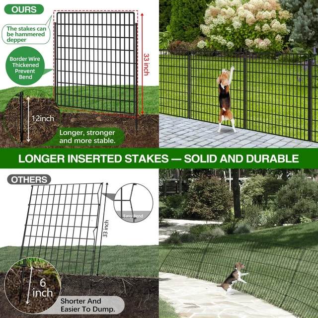 Alt view image 3 of 6 - 10 Panels Garden Fencing Animal Barrier, 33 in(H) X 24 ft(L) Dog Fence Outdoor for Yard Rustproof No Dig Decorative Tall Garden Fence Metal Wire Panel Border Patio Rabbit Temporary Ground Stakes