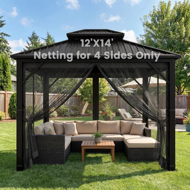 Alt view image 2 of 7 - Gazebo Universal Replacement Mosquito Netting, Upgrade 12' x 14' Outdoor Canopy Net Screen 4-Panel Sidewall Curtain, with Zippers, Easy to Install, Fit for Most Gazebo 12x14 Canopy, Black