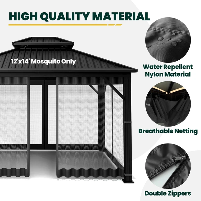 Alt view image 6 of 7 - Gazebo Universal Replacement Mosquito Netting, Upgrade 12' x 14' Outdoor Canopy Net Screen 4-Panel Sidewall Curtain, with Zippers, Easy to Install, Fit for Most Gazebo 12x14 Canopy, Black