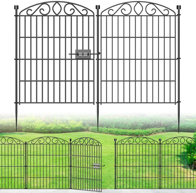 Main image of 12 Panel No Dig Decorative Garden Fence with Gate 30" H x 22.72'L for Dogs | Rustproof welded metal with deep stakes for outdoor yards and patios. Arched modular design contains rabbits, small animals