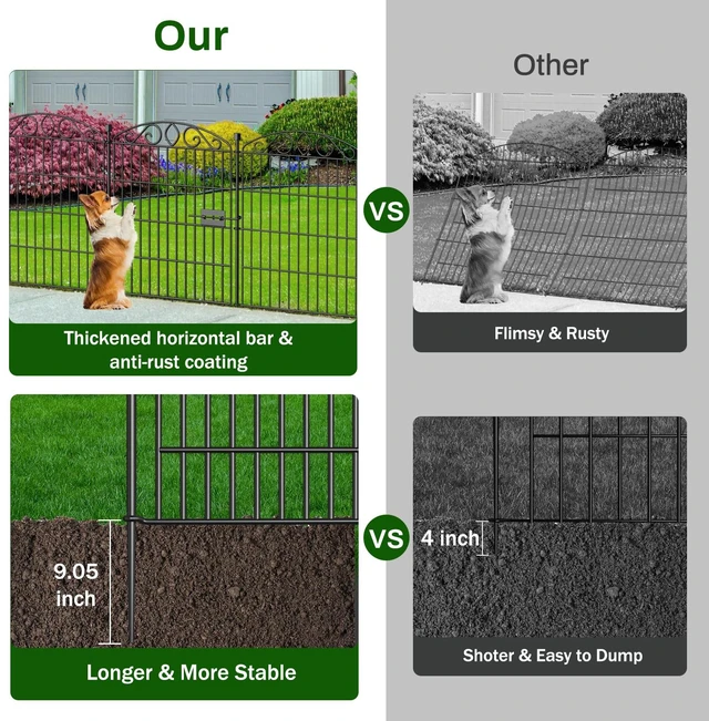 Alt view image 3 of 7 - 12 Panel No Dig Decorative Garden Fence with Gate 30" H x 22.72'L for Dogs | Rustproof welded metal with deep stakes for outdoor yards and patios. Arched modular design contains rabbits, small animals