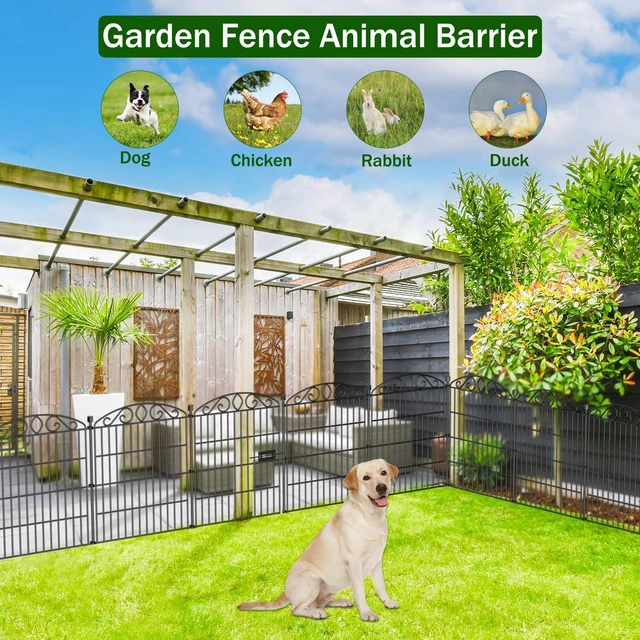 Alt view image 4 of 7 - 12 Panel No Dig Decorative Garden Fence with Gate 30" H x 22.72'L for Dogs | Rustproof welded metal with deep stakes for outdoor yards and patios. Arched modular design contains rabbits, small animals