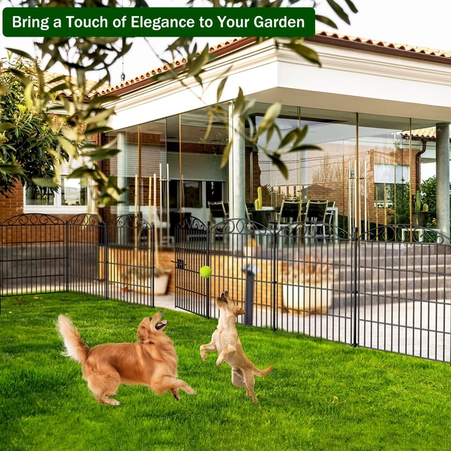 Alt view image 7 of 7 - 12 Panel No Dig Decorative Garden Fence with Gate 30" H x 22.72'L for Dogs | Rustproof welded metal with deep stakes for outdoor yards and patios. Arched modular design contains rabbits, small animals