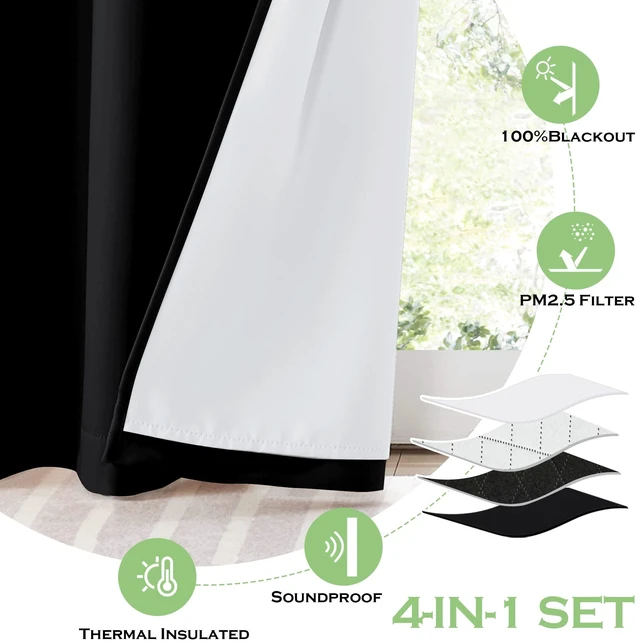 Alt view image 5 of 7 - Soundproof Curtains Thermal Insulated 100% Blackout 4 Layers | Anti-dust with Melt-Blown Triple Layer Noise Reducing Drapes for Bedroom Nursery Living Room, W52 x L84, Black, 2 Panels