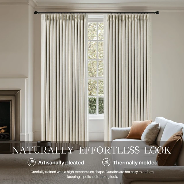 Alt view image 2 of 7 - Pinch Pleated Linen Curtains 100% Blackout 95 Inches Long for Bedroom | Natural Black Out Thermal Insulated Curtain Room Darkening Memory Trained Pleat Window Drapes with Hooks, 1 Panel, 60"Wx95"L