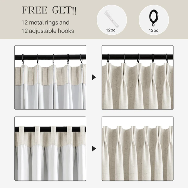 Alt view image 5 of 7 - Pinch Pleated Linen Curtains 100% Blackout 95 Inches Long for Bedroom | Natural Black Out Thermal Insulated Curtain Room Darkening Memory Trained Pleat Window Drapes with Hooks, 1 Panel, 60"Wx95"L
