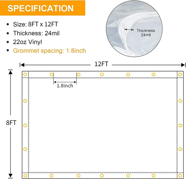 Alt view image 2 of 7 - 8 x 12FT Outdoor Clear Tarp Curtain Waterproof Wind-Proof 24 Mil Transparent Vinyl Tarp for Patio Pergola Garden Canopy Rainproof Anti-Tear PVC Thick Cover with Grommets