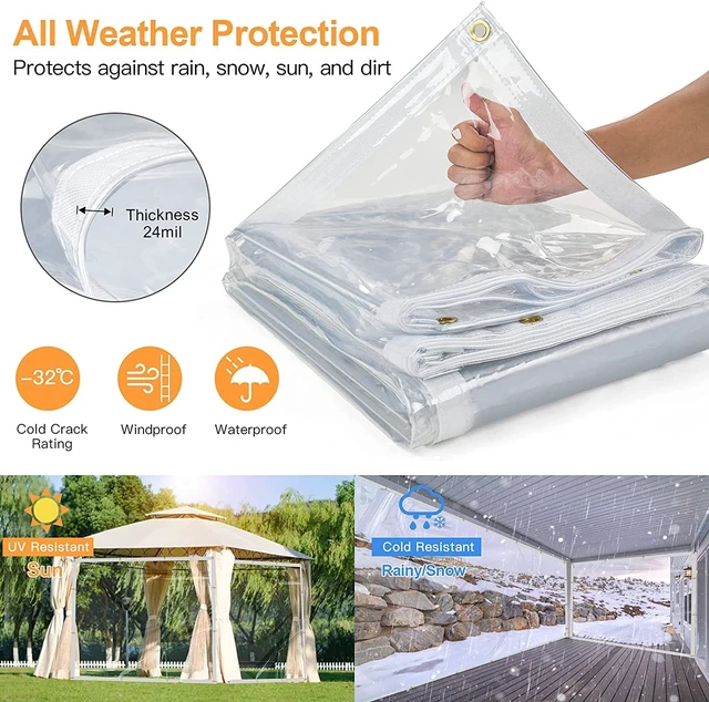 Alt view image 5 of 7 - 8 x 12FT Outdoor Clear Tarp Curtain Waterproof Wind-Proof 24 Mil Transparent Vinyl Tarp for Patio Pergola Garden Canopy Rainproof Anti-Tear PVC Thick Cover with Grommets