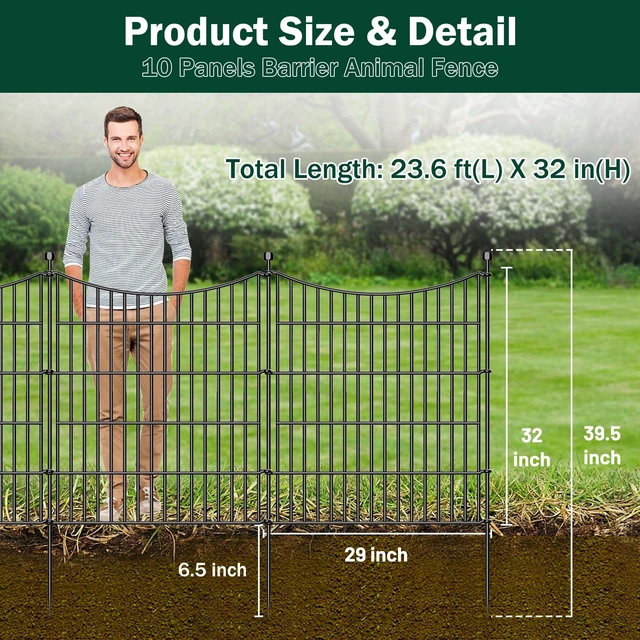 Alt view image 2 of 6 - No Dig Dog Fence Outdoor for Yard with Gate, 32 in(H) X 23.6 ft(L) | 10 Panels Decorative Garden Fence Animal Barrier, Rustproof Metal Wire Garden Edging and Borders, Temporary Fencing Stakes