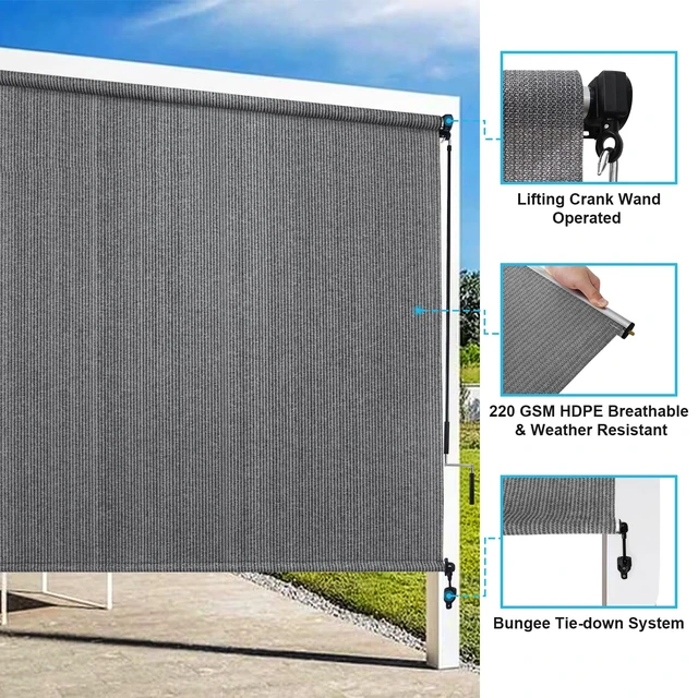 Alt view image 5 of 7 - Outdoor Roller Shades, 220GSM HDPE Exterior Cordless Patio Shades Roll Up Outdoor Blinds for Porch Gazebo 10'(W) x 8'(H), Spliced Poles Design, Grey