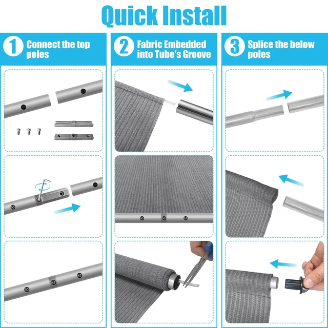 Alt view image 6 of 7 - Outdoor Roller Shades, 220GSM HDPE Exterior Cordless Patio Shades Roll Up Outdoor Blinds for Porch Gazebo 10'(W) x 8'(H), Spliced Poles Design, Grey
