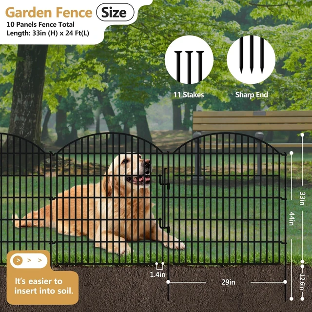 Alt view image 2 of 7 - 10 Panels Garden Fence Animal Barrier with Lock, 33in (H) x 24ft (L) Dog Fences Outdoor for Yard No Dig Rustproof Decorative Tall Metal Panel Border Rabbits Temporary Ground Stakes Fencing