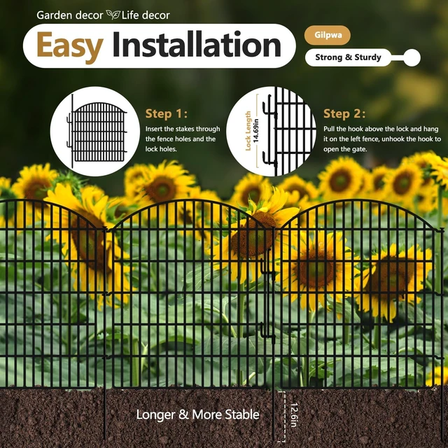 Alt view image 3 of 7 - 10 Panels Garden Fence Animal Barrier with Lock, 33in (H) x 24ft (L) Dog Fences Outdoor for Yard No Dig Rustproof Decorative Tall Metal Panel Border Rabbits Temporary Ground Stakes Fencing