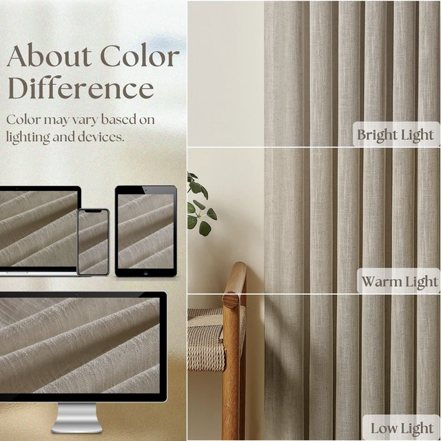 Alt view image 4 of 7 - Burlywood Birch Pinch Pleat Linen Curtains 108 Inches Long 70 Inch Wide | Light Filtering Semi Sheer, Pinch Pleat Drapes Back Tab, Extra Wide 70x108 Curtains for Living Dining Room Patio Sliding Door
