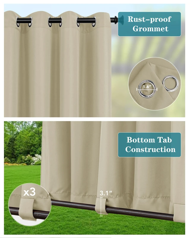 Alt view image 2 of 7 - Windproof Outdoor Curtains for Patio Waterproof 4 Pcs 110x108 In Cream | Grommet Top and Tab Bottom Outside Drapes,Weatherproof Privacy Gazebo Curtain Panels for Porch, Pergola, Cabana, Backyard