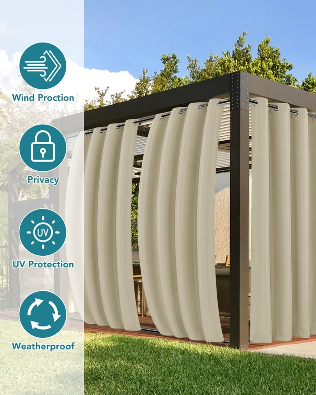 Alt view image 3 of 7 - Windproof Outdoor Curtains for Patio Waterproof 4 Pcs 110x108 In Cream | Grommet Top and Tab Bottom Outside Drapes,Weatherproof Privacy Gazebo Curtain Panels for Porch, Pergola, Cabana, Backyard