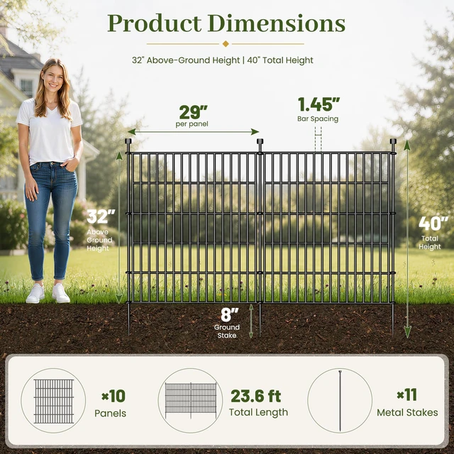 Alt view image 2 of 7 - No Dig Garden Fence Outdoor for Yard, 32in (H) x 23.6ft(L) | 10 Panels Animal Barrier Fence, Rustproof Metal Temporary Dog Fence, Decorative Fencing for Patio, Flower Bed
