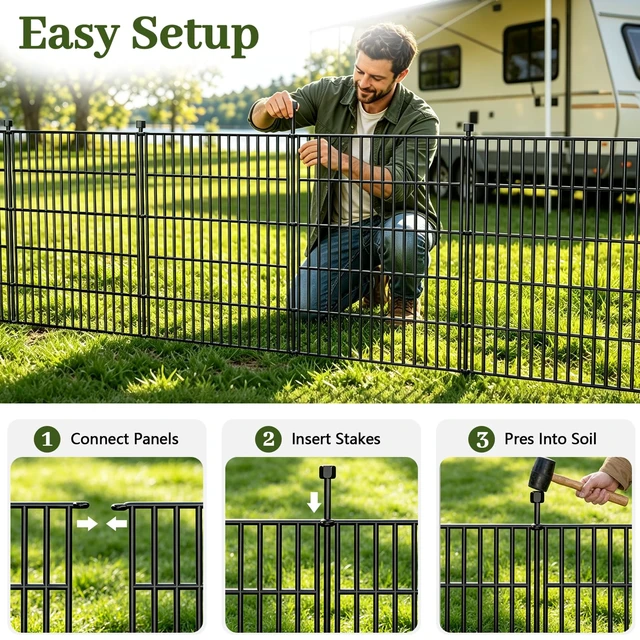 Alt view image 6 of 7 - No Dig Garden Fence Outdoor for Yard, 32in (H) x 23.6ft(L) | 10 Panels Animal Barrier Fence, Rustproof Metal Temporary Dog Fence, Decorative Fencing for Patio, Flower Bed