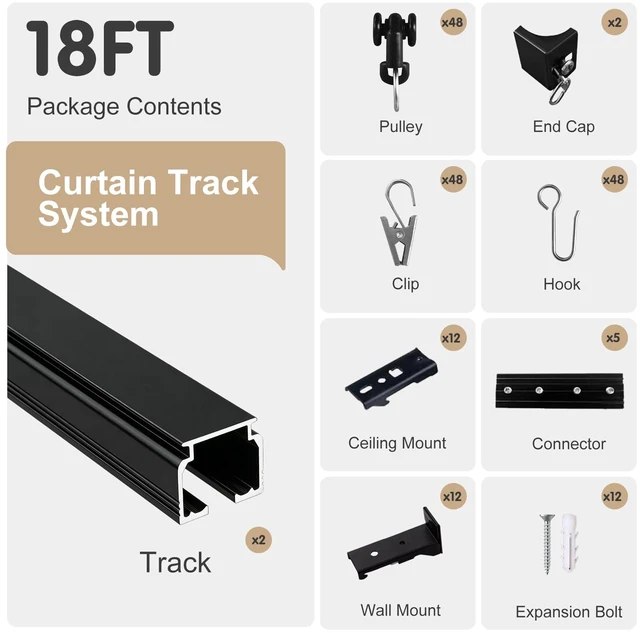 Alt view image 5 of 7 - Ceiling Curtain Track, Heavy Duty Curtain Tracks System for Room Divider, Wall Mount Sliding Curtain Rail with Clip and Hooks Set for Living Room, Bedroom, Shower, Outdoor, Black, 15ft-18ft